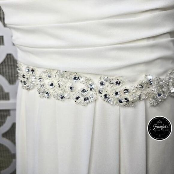 DaVinci White Chiffon Ruched V-Neck Beaded Waist & Strap Floor Length Dress 14 - Picture 6 of 16